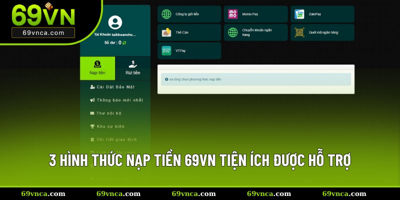 3 hình thức nạp tiền 69VN tiện ích được hỗ trợ